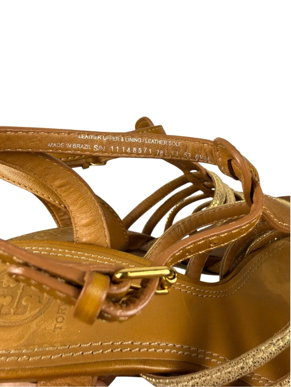 Tory Burch Charlene Caged Leather Strappy Brown Gold Heeled Sandals Sz 8.5